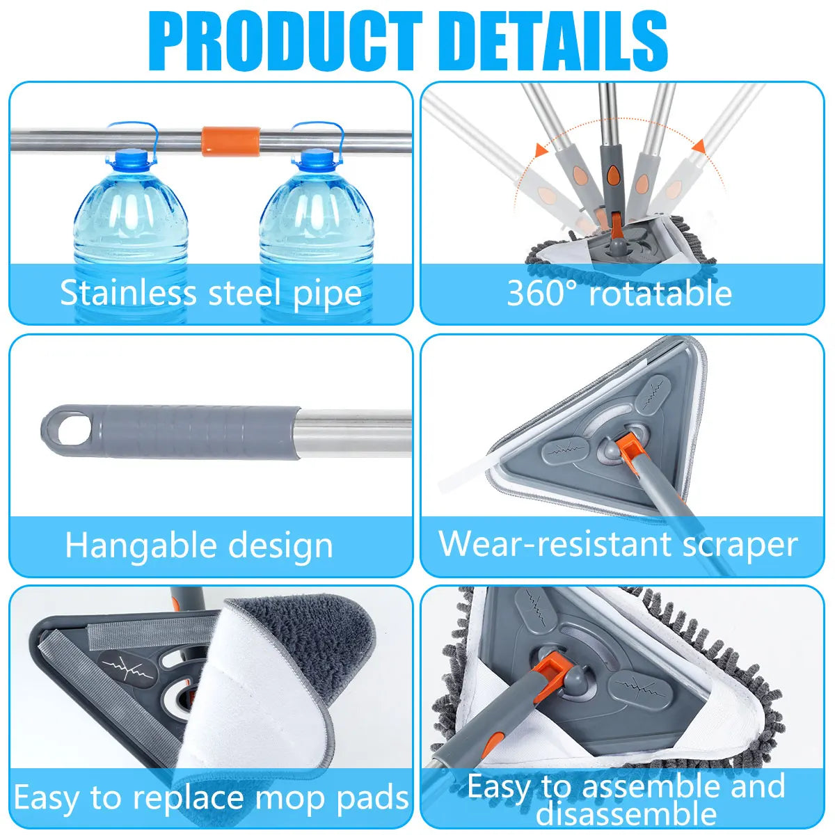 360 Degree Rotating Triangle Microfiber Wall Mop with Long Handle Adjustable Dry and Wet Cleaning Mop for Efficient Floor Dusting