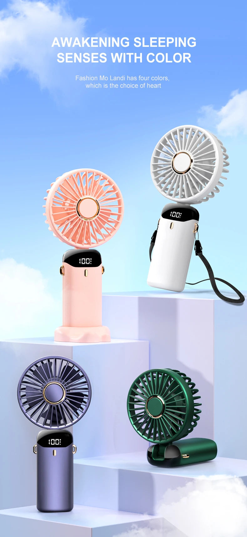 Mini ventilador portátil de mano USB, plegable, para colgar en el cuello, recargable, de 5 velocidades, con soporte para teléfono y pantalla de visualización