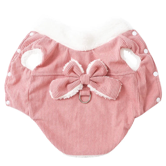Warm Winter Dog Jacket With D-ring Cute Corduroy Pet Bow Coat for Small Medium Dogs Cats Puppy Kitty Sphynx Yorkshire Clothes