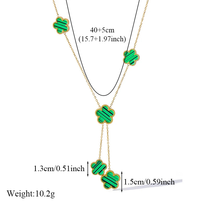 GANEMLY 316L Stainless Steel Green Clover Set Earrings Necklace Bracelet Holiday Gifts Women Double Sided Flower Fashion Jewelry