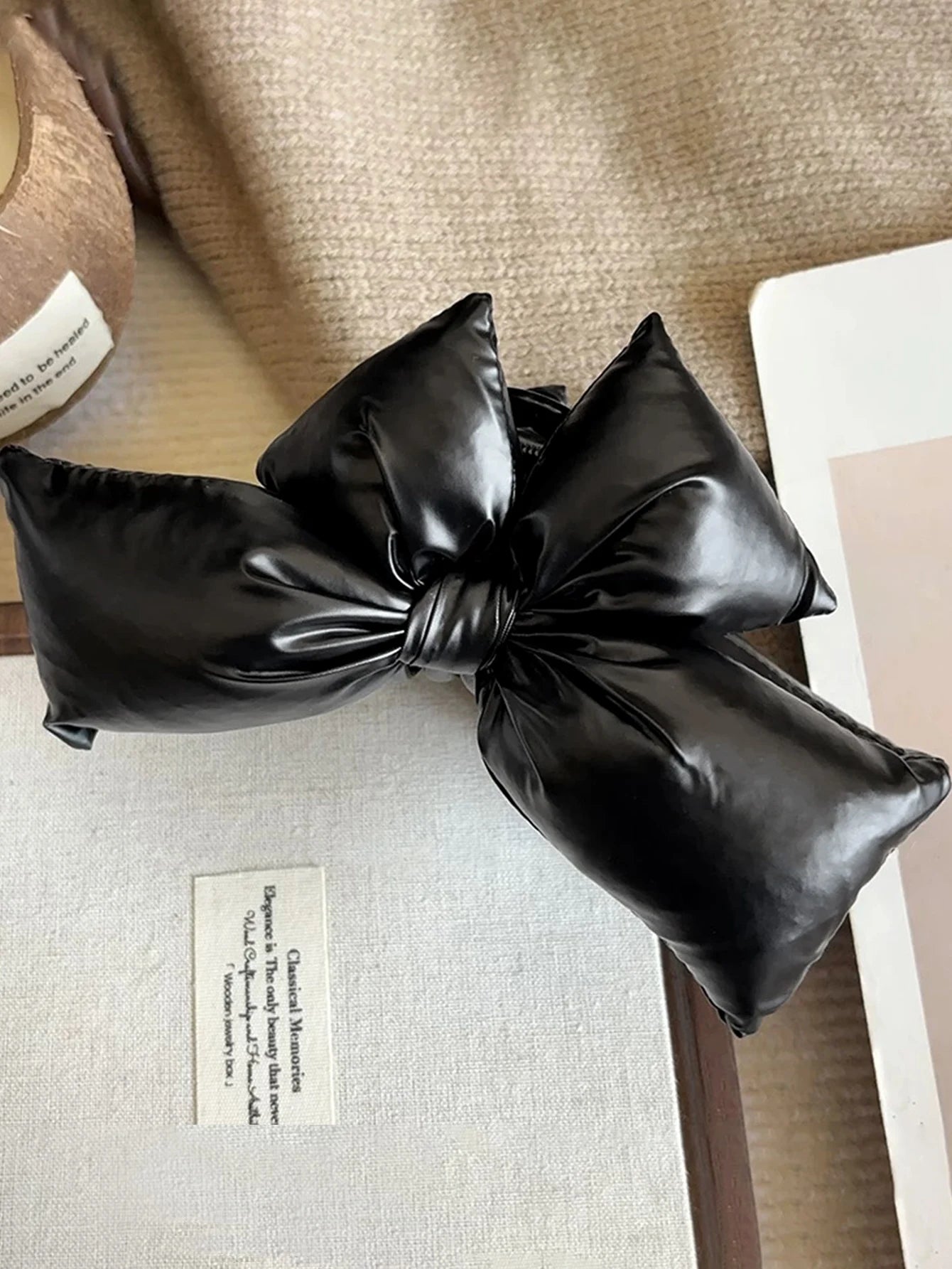 1 Pcs Black Leather Cotton Stuffing Bow Claw Clip,Large Jaw Clips for Thick Hair,No-slip Fashion Winter Hair Accessory for Girls