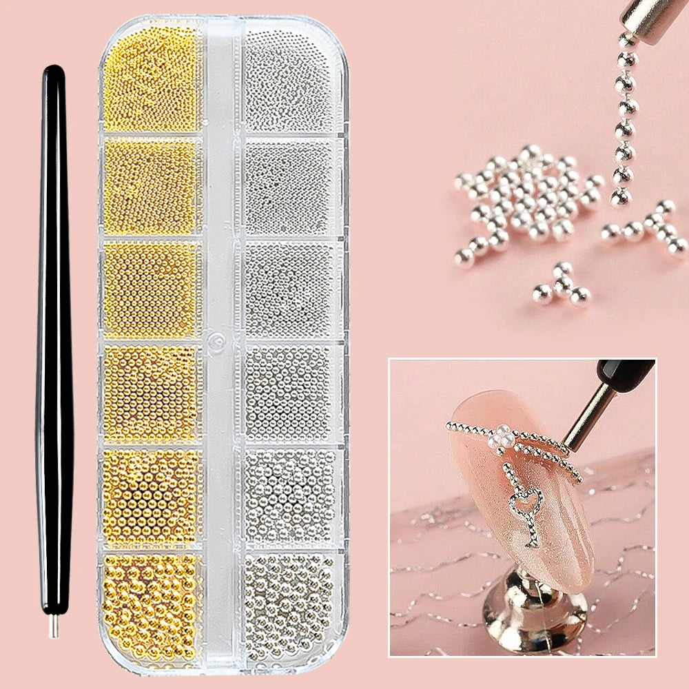 12 Grids Mini Caviar Beads Nail Art Charms 3D Metal Gold Silver Steel Ball (0.4mm-1.5mm) Nail Parts With Magnetic Pen Nail Decor