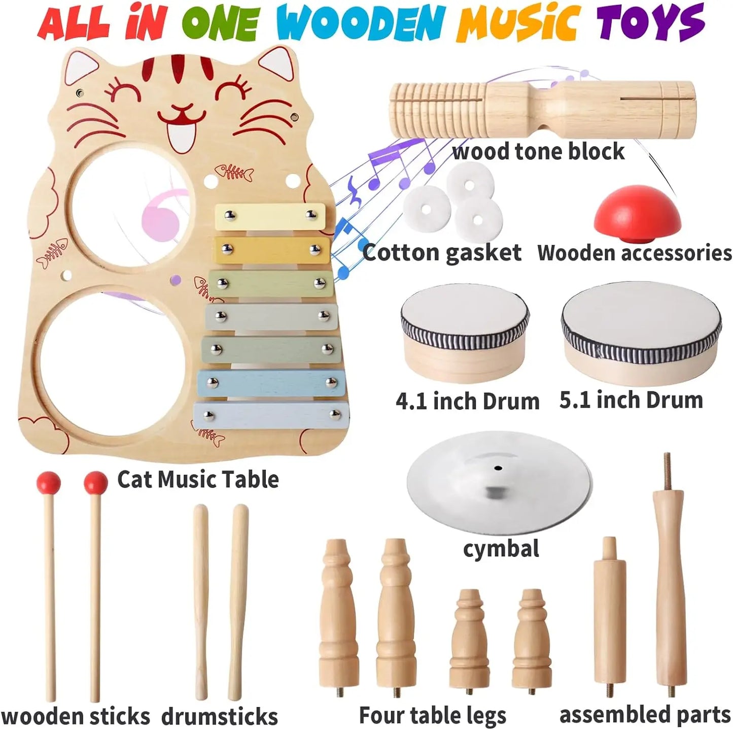 Wooden Xylophone Drum Set for Toddlers Montessori Musical Instruments Colorful Educational Toy