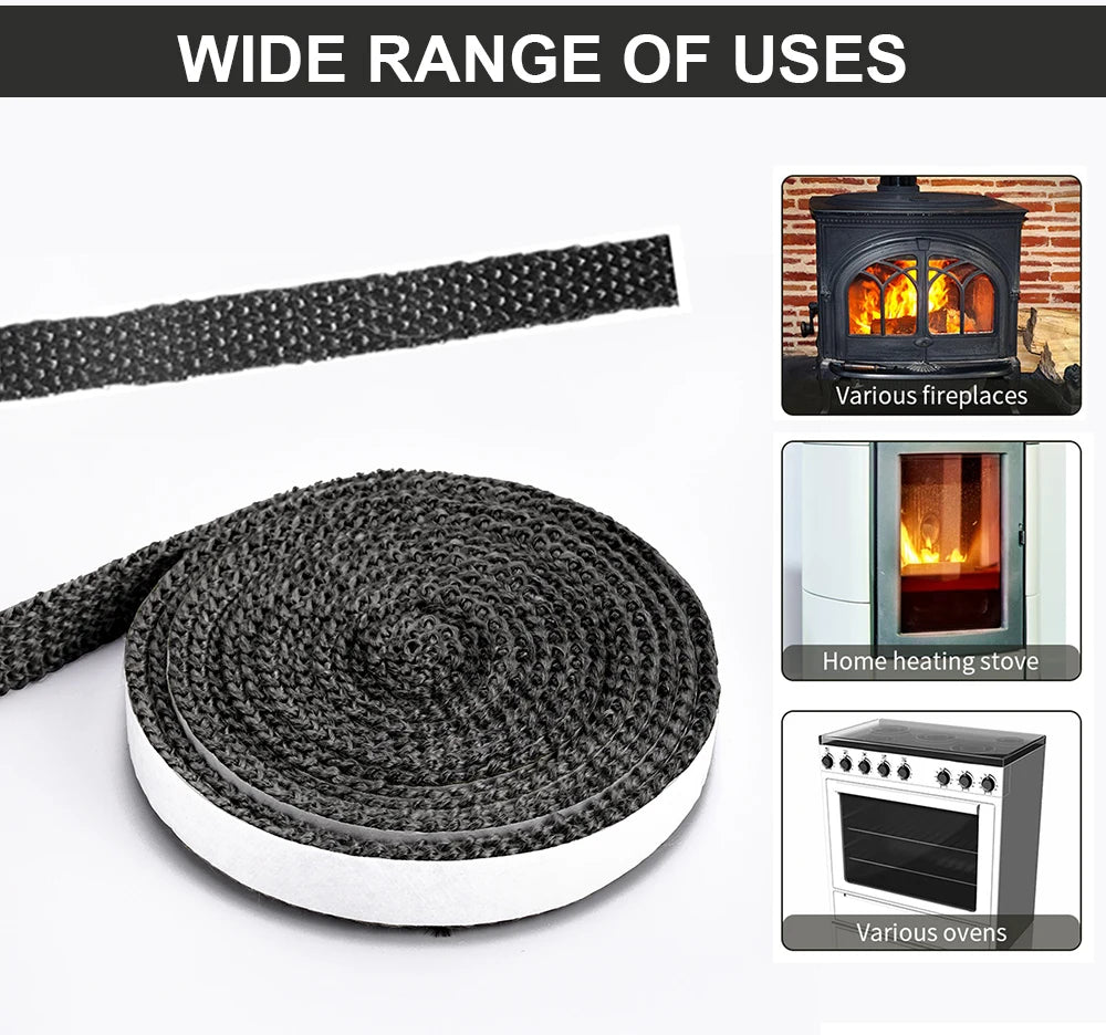 Black Flat Stove Rope Self-Adhesive Fiberglass Fireplace Door Sealing Strip Cord Replacement Gasket Tape 10/15mm Width 2m Length