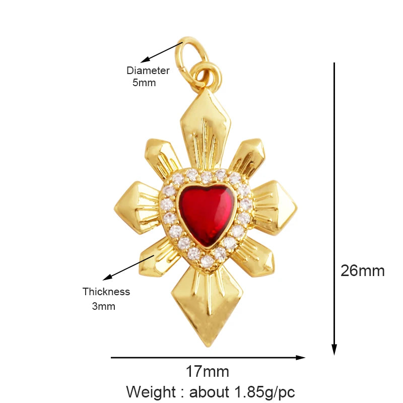 New Sacred Red Heart Charm Pendant 18K Gold Plated Zircon