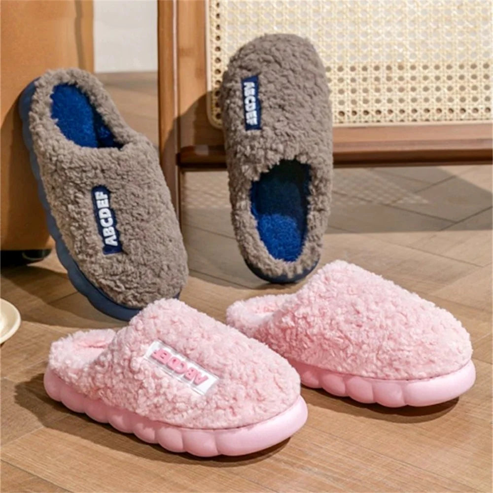 Women Winter Warm Home Slippers Thicken Indoor Boy Girl Floor Slides Plush High Heels Fur Cotton Shoes Ladies Couples Slipper