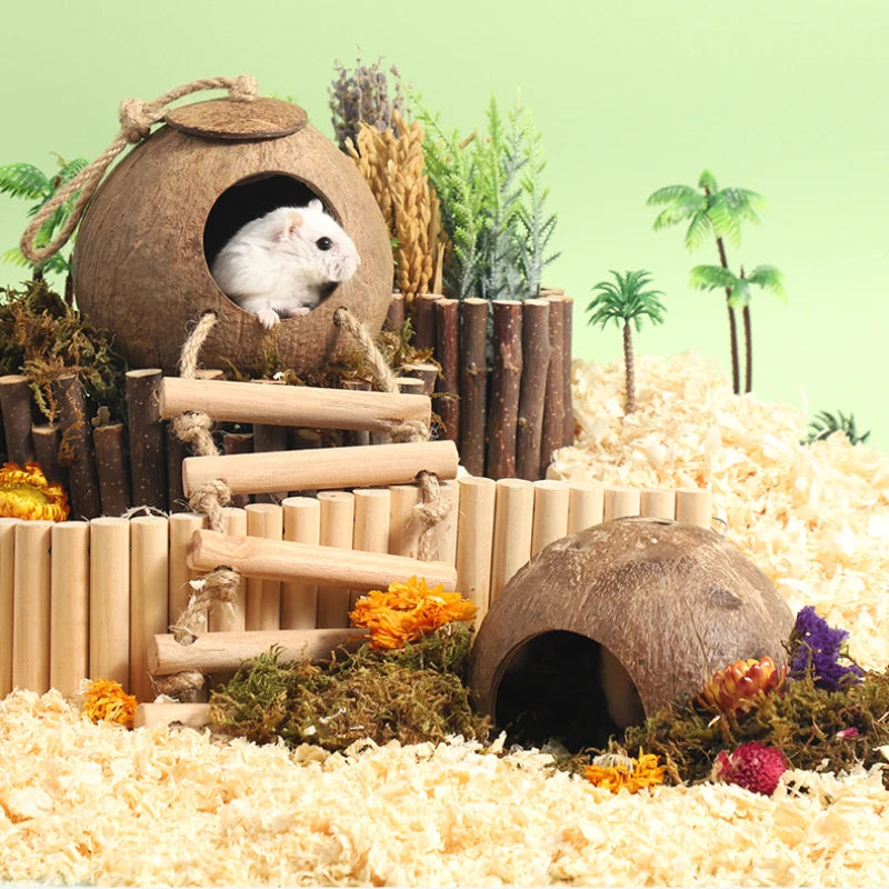 Hamster House Bite-resistant Natural Small Pet Coconut Cages Guinea-pig Hamster Hideout House Toy Wooden House Pet Supplies