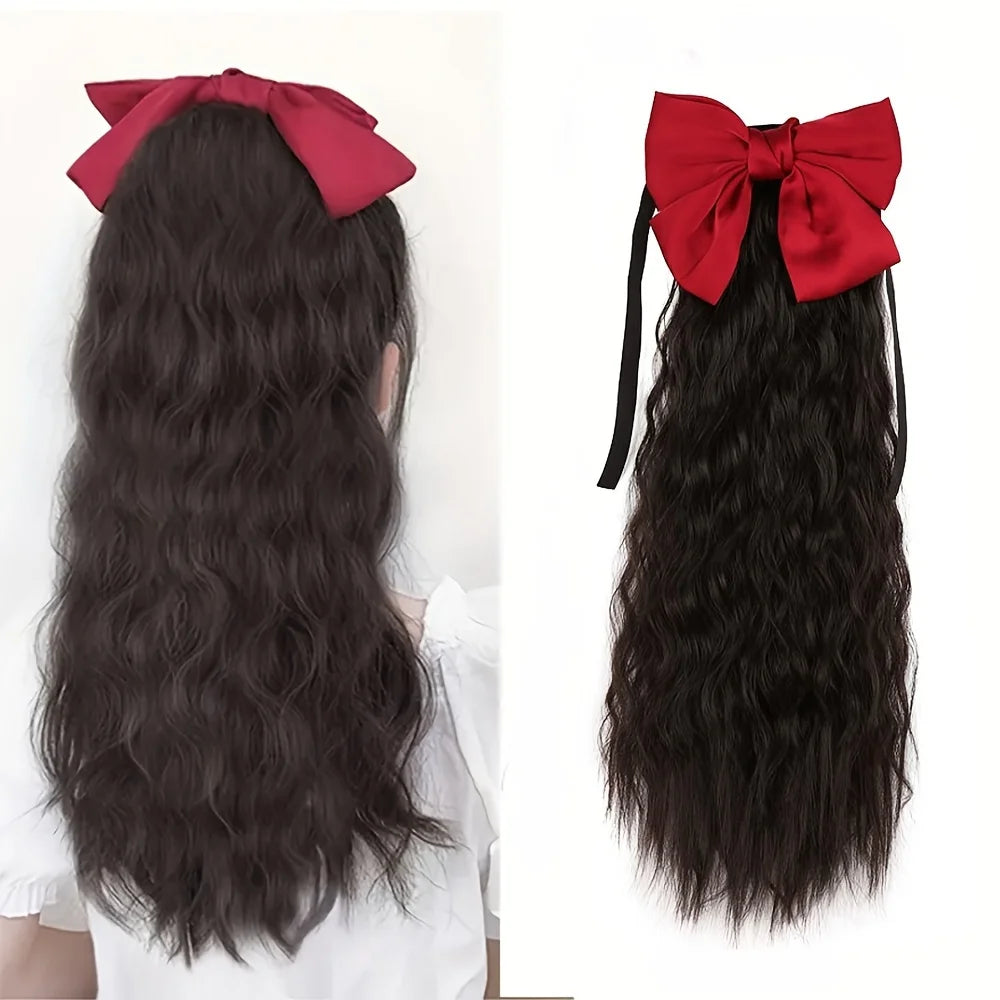 Water ripples wave loose Curly Synthetic Ponytail Hair Extension wig red Bowknot Tie up the ponytail Elegant women Hair fittings