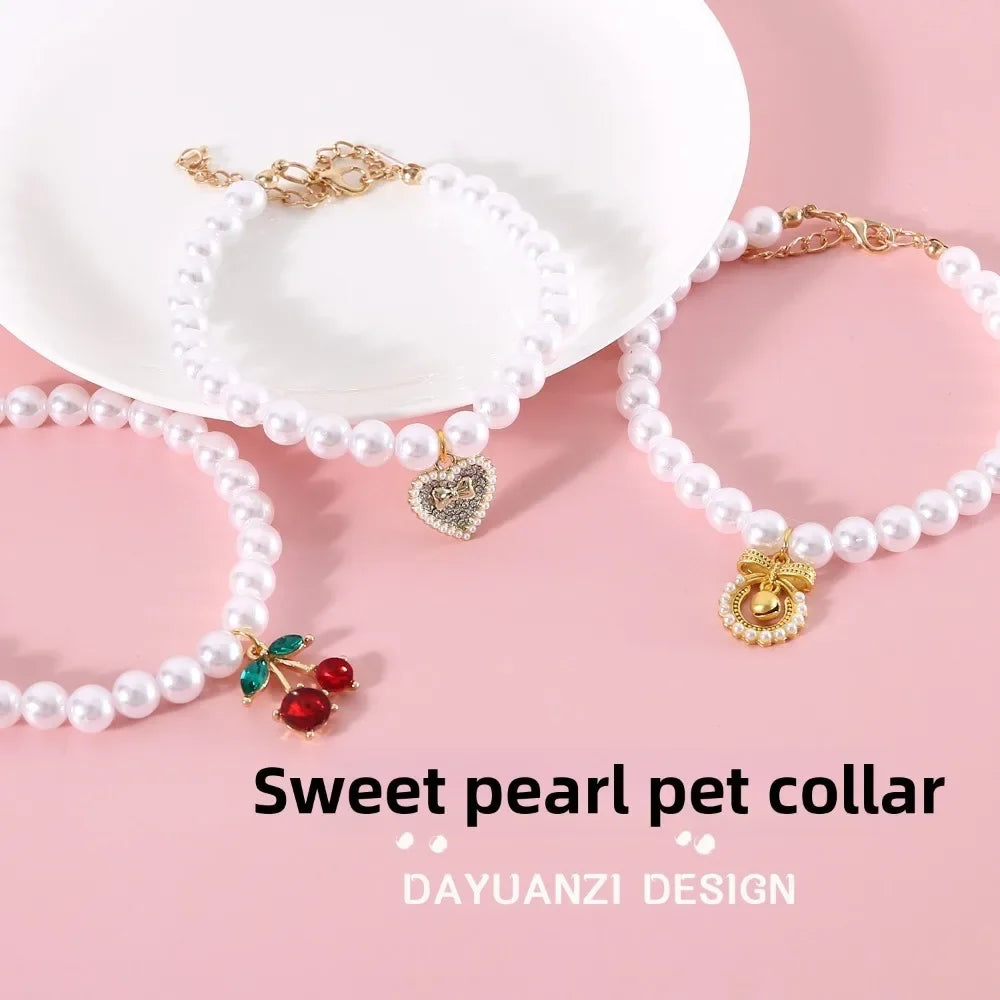 Pet Princess Style Pearl Cherry Love Bow Pendant Necklace Cat Bichon Dog Birthday Ins Wind Collar