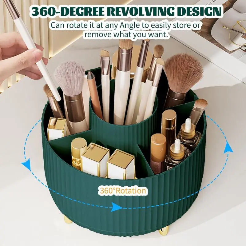 1pc 360°Rotating Makeup Organizer Storage Elegant Stripe Makeup Brushes Holder 5-Compartment Cosmetic Holder for Vanity Bathroom