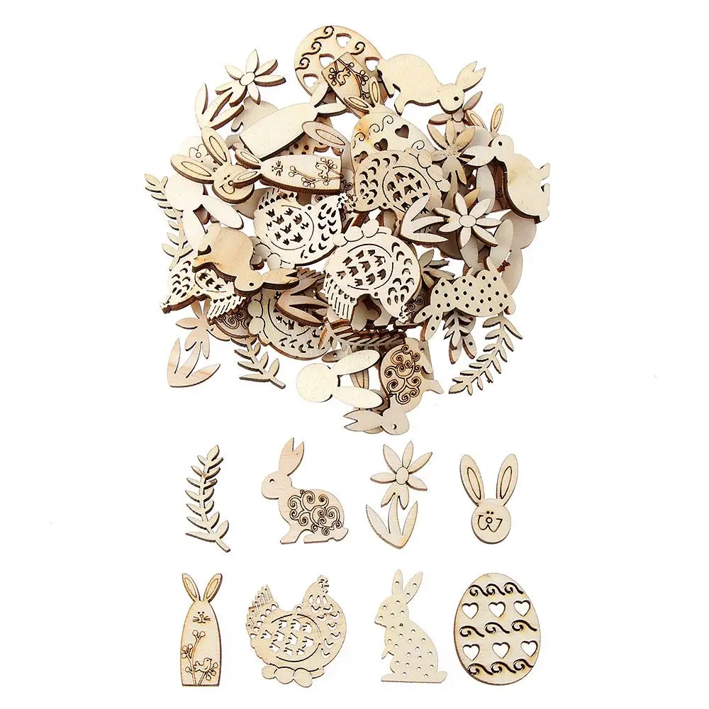 50pcs Happy Easter Rabbit Eggs Wooden Craft Ornaments