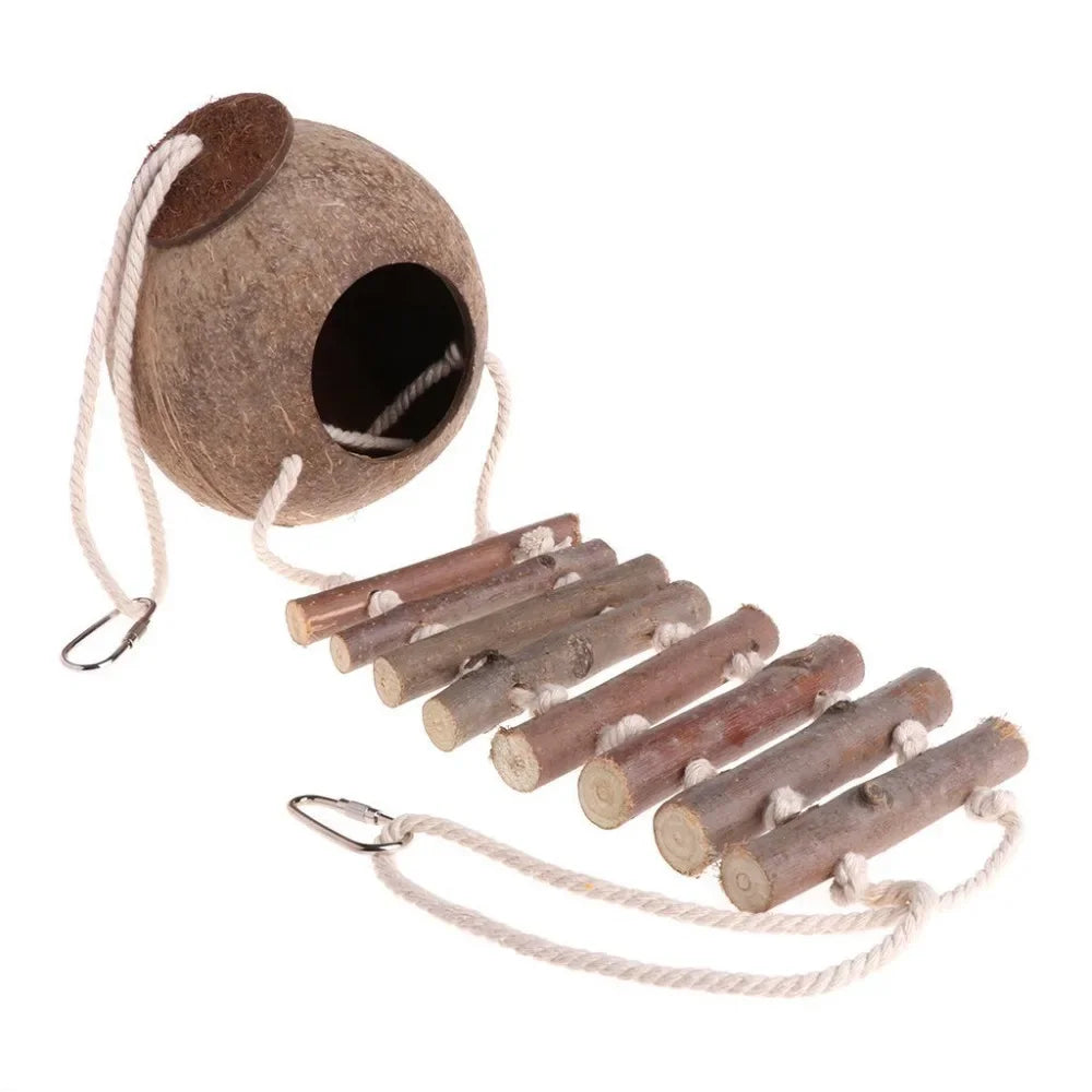 Comfortable Cute Design Natural Coconut Shell Bird Nesting House Small Size Pet Parakeets Finches Sparrows Cage With Ladder