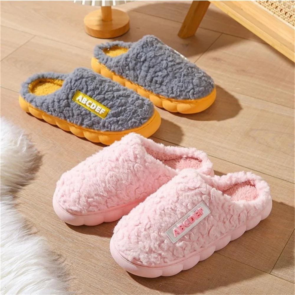 Women Winter Warm Home Slippers Thicken Indoor Boy Girl Floor Slides Plush High Heels Fur Cotton Shoes Ladies Couples Slipper