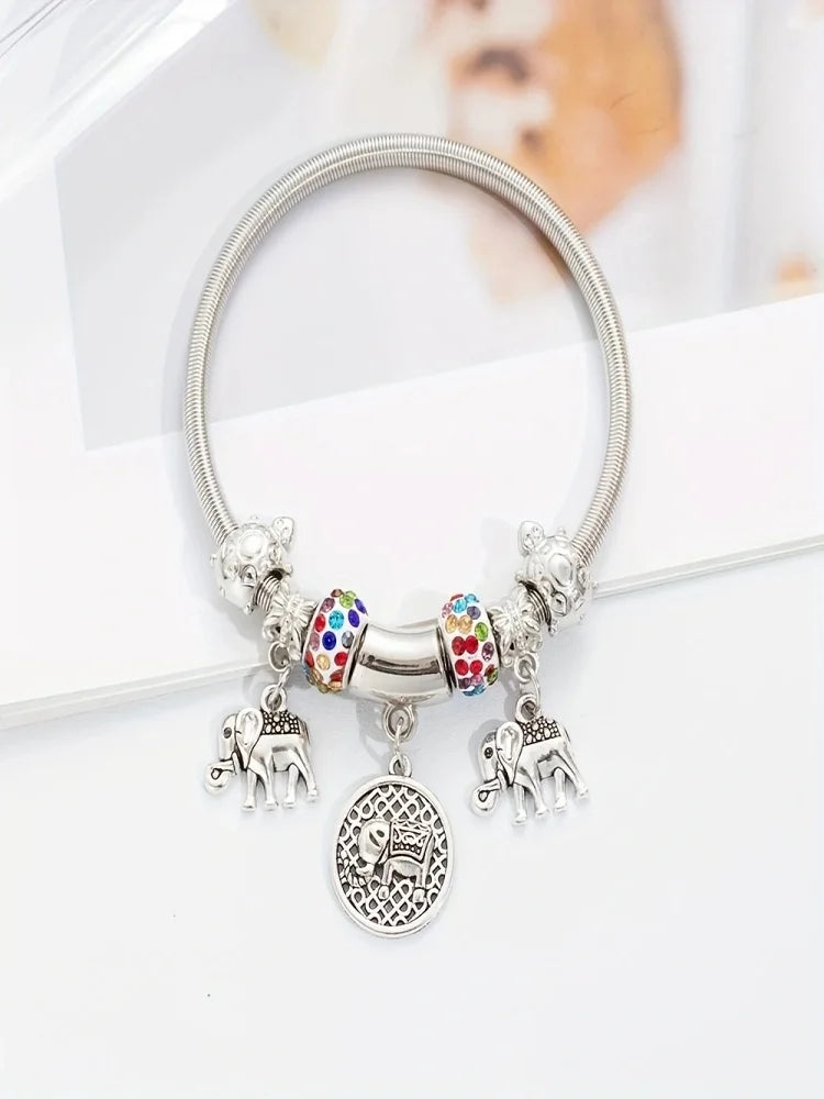 Pan Family Hot selling Style Women's Fashion Acrylic Beaded Elephant Pendant Spring Bracelet Light Luxury Exquisite Jewelry