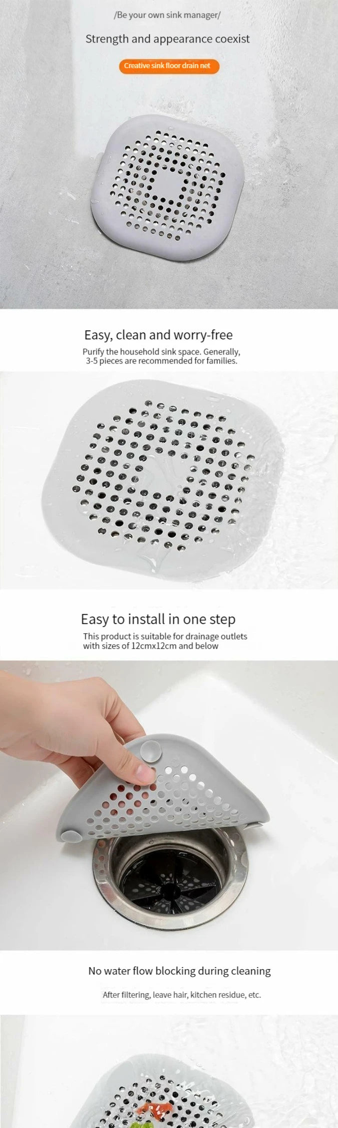 Durable Silicone Square Shower Drain Cover Prevents Sink Clogging, Shower Drain Strainer, Adsorption Sink Strainer, Convenient