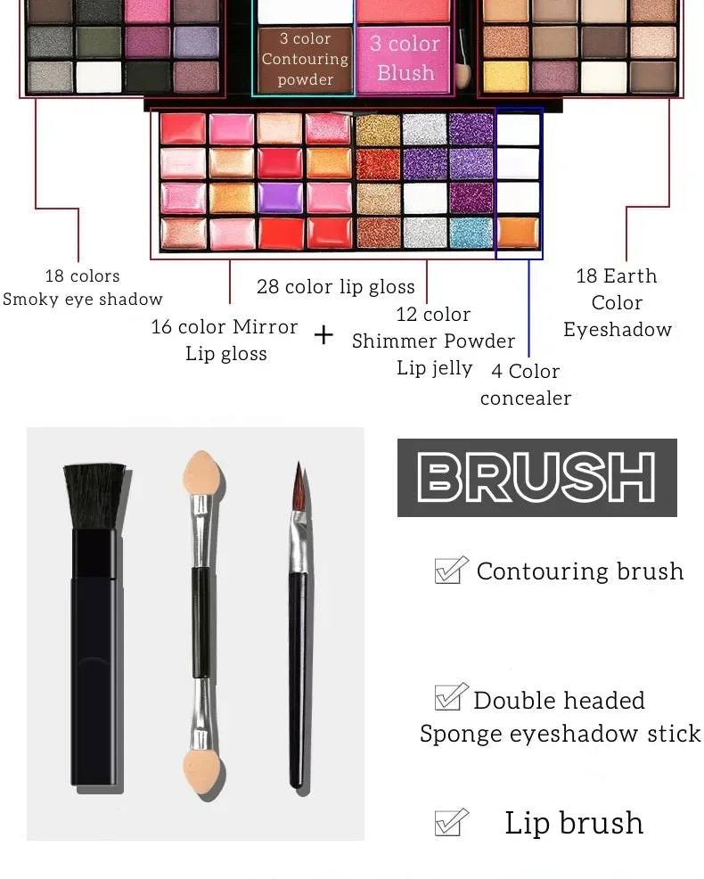 74 Color Professional Makeup Set with Eyeshadow Lip Gloss Matte Concealer and Flash Lipstick in Gift Box for Women