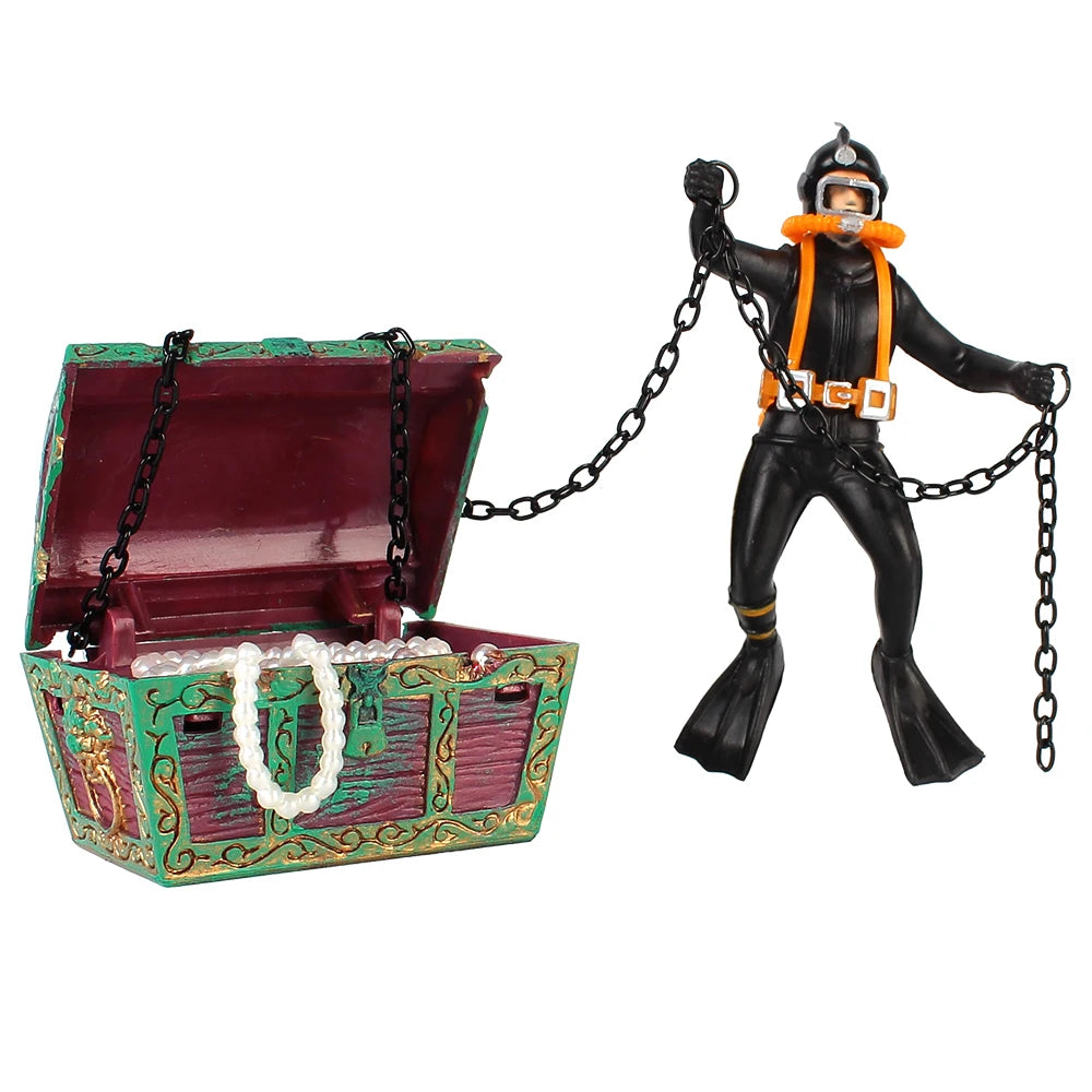 Treasure Chest Fish Tank Decorations Treasure Hunter Aquarium Decoration Accessories Diver Action Figure Fish Tank Ornament