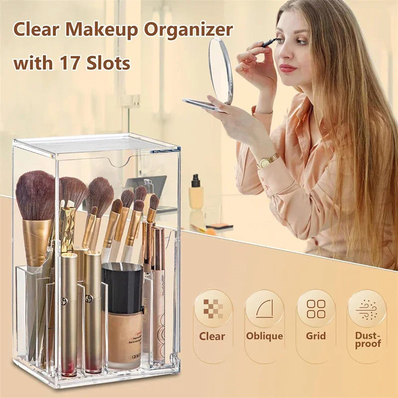 Large Capacity Clear Makeup Brush Holder Organizer with Lid 17 Slot Slanted Design for Desk Storage