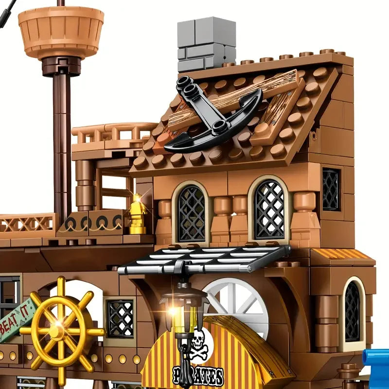 Creative Medieval Pirate Island Fortress Building Blocks Set with Adventure Ship and Log Cabin Model for Kids