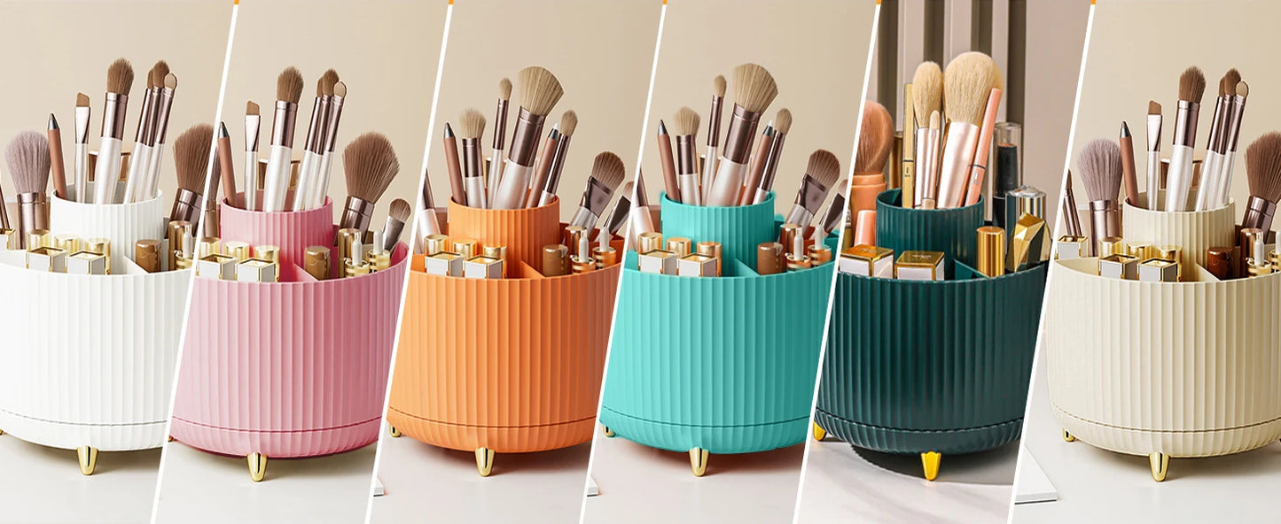 1pc 360°Rotating Makeup Organizer Storage Elegant Stripe Makeup Brushes Holder 5-Compartment Cosmetic Holder for Vanity Bathroom