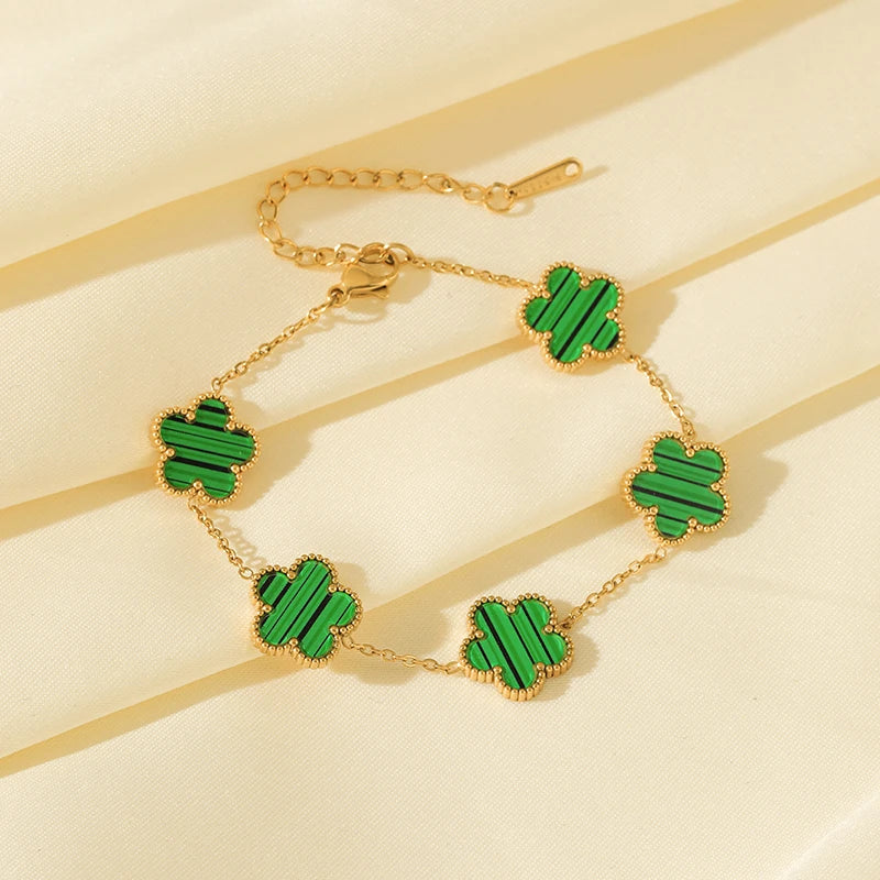 GANEMLY 316L Stainless Steel Green Clover Set Earrings Necklace Bracelet Holiday Gifts Women Double Sided Flower Fashion Jewelry