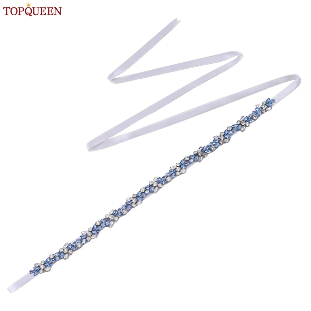 TOPQUEEN Long Thin Light Blue Rhinestone Belt Handmade Bridal Accessories Women's Versatile Dress Wedding Belt Tie Ribbon S437