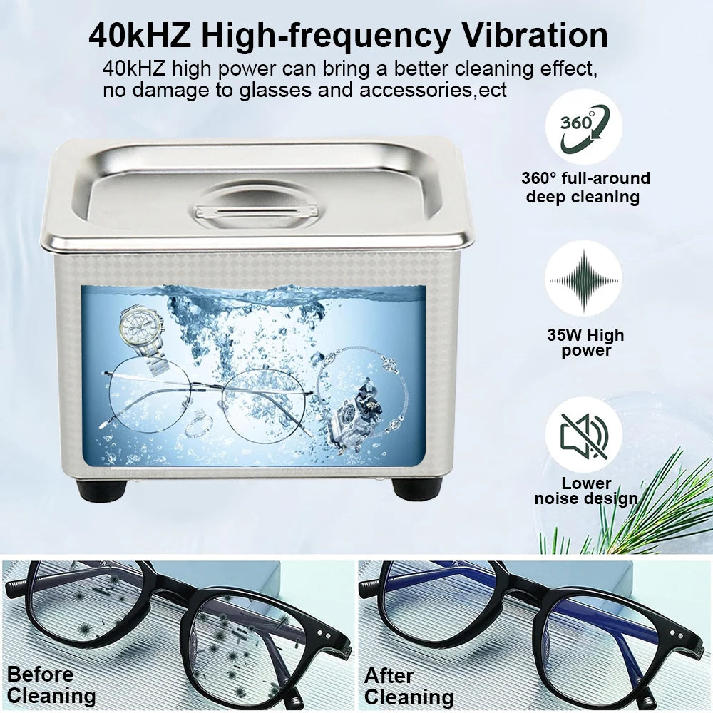 Ultrasonic Jewelry and Glasses Cleaner 40KHZ High Frequency Washing Bath with Powerful 35W Transducer for Deep Cleaning