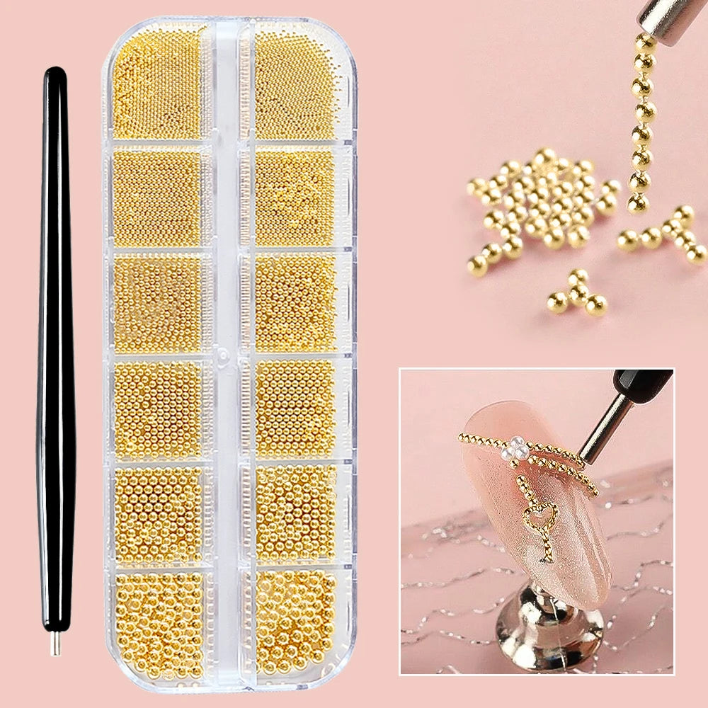 12 Grids Mini Caviar Beads Nail Art Charms 3D Metal Gold Silver Steel Ball (0.4mm-1.5mm) Nail Parts With Magnetic Pen Nail Decor