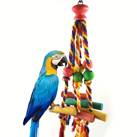 Wood Parrot Toys Bird Toys Colorful Bead Wooden Funny Training Bird Toys Cotton Rope Parrot Toy Bite Resistant Bird Tearing Toy