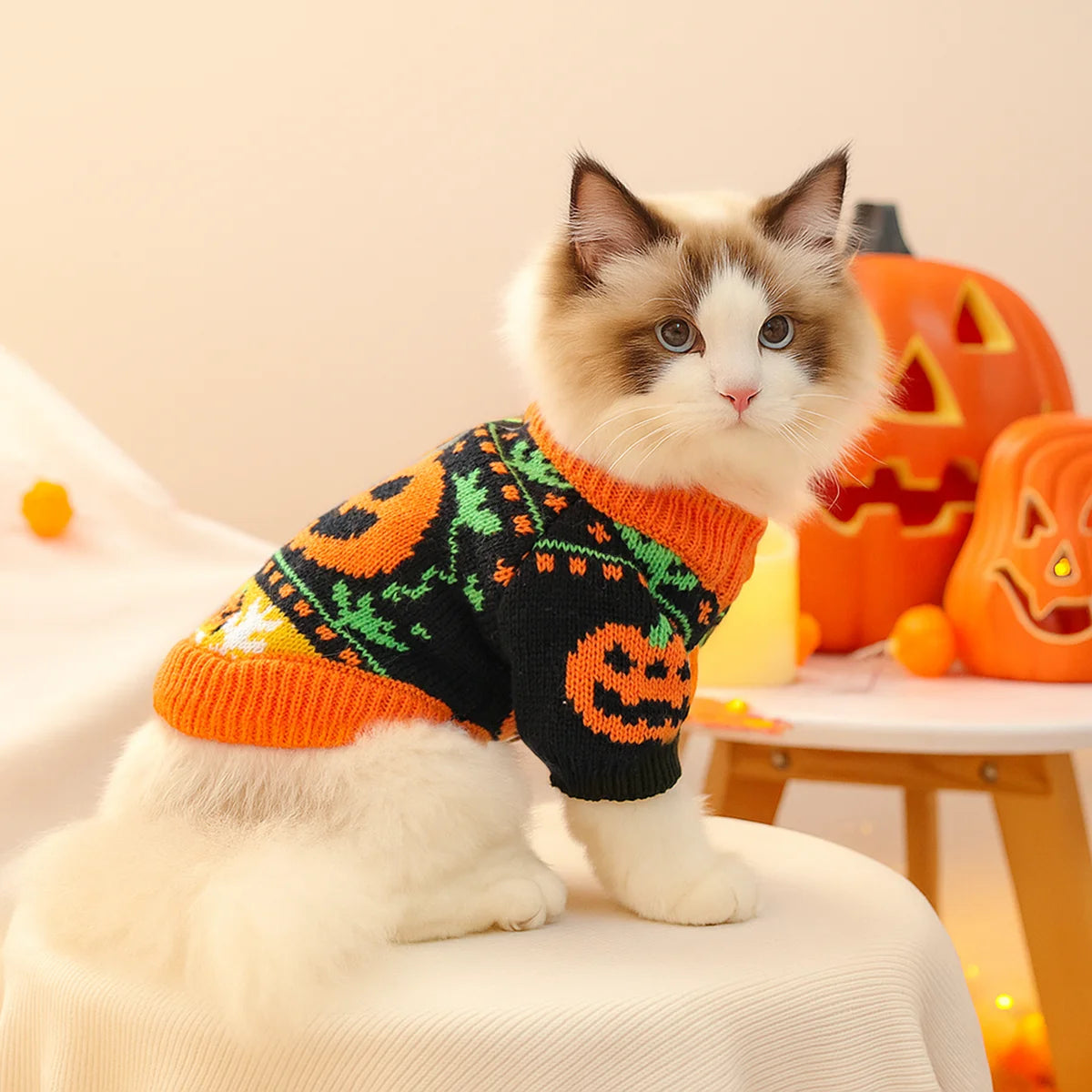 1PC Halloween Sweater Pet Clothes Dog Cat Cute Holiday Atmosphere Thickened Warm Orange Pumpkin Head Cover Elastic Fir