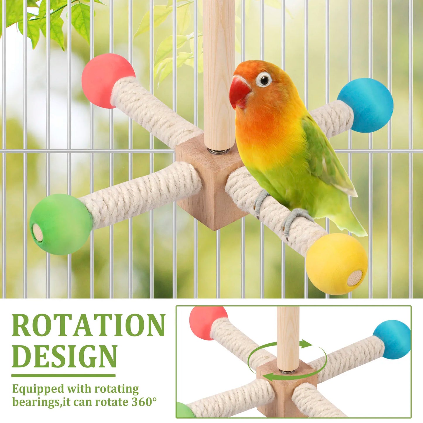 2Pcs Bird Standing Toy Set 360° Rotatable & Bell Wooden Interactive Spinning Parakeet Toys for Bird Cage Accessories NEW