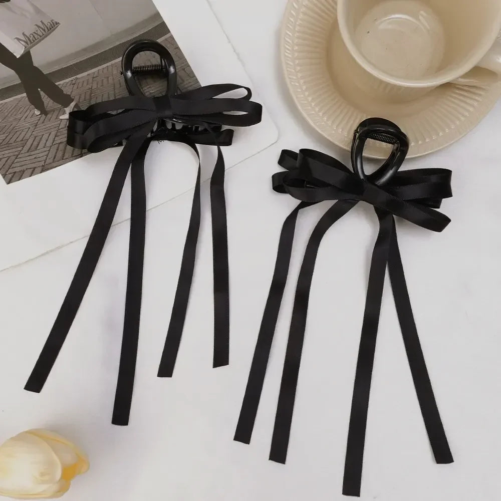 Vintage Long Satin Hairpins Big Velvet Bow Fashion Elegant Women Black Bowknot Hair Claw Hair Clips Korean Hair Accessories