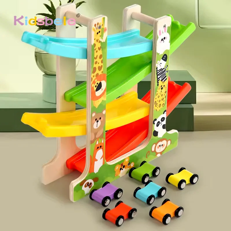 Kids Four-Layer Wooden Gliders Montessori Inertia Track Car Toy Set Animal and Traffic Themes Early Learning Birthday Gift