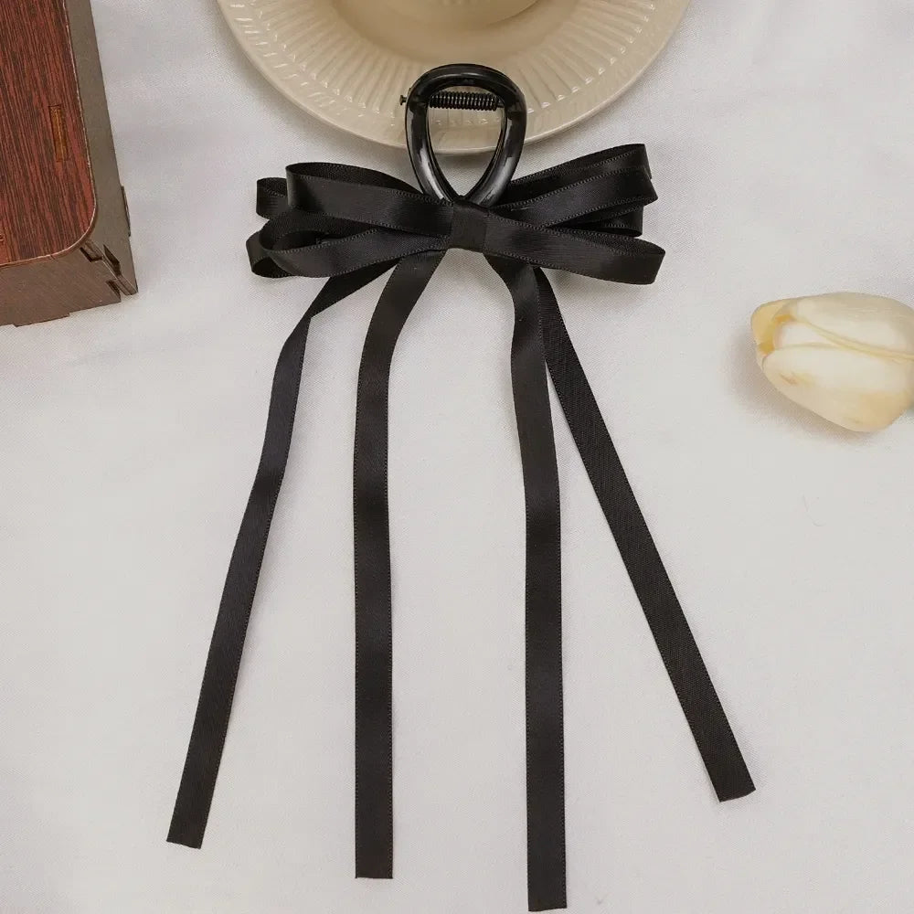 Vintage Long Satin Hairpins Big Velvet Bow Fashion Elegant Women Black Bowknot Hair Claw Hair Clips Korean Hair Accessories