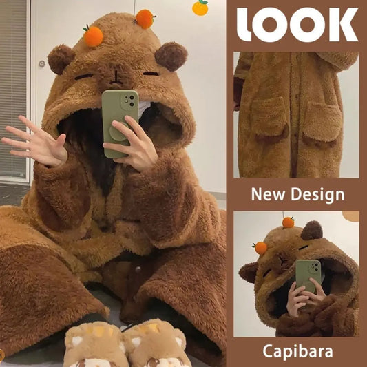 Cute Capibara Pajamas Pants Set Warm Winter Fleece Sleepwear