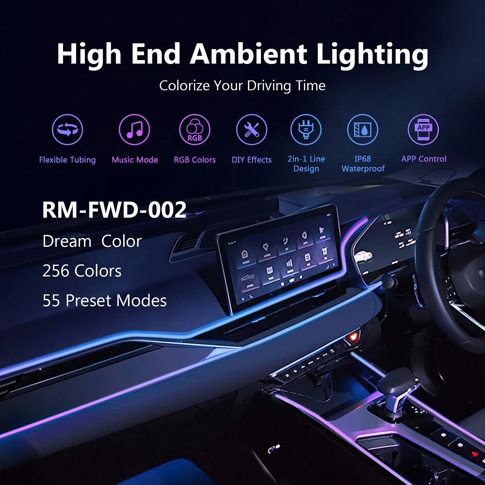 Universal Car Ambient Light Kit With Wireless APP Control 256 RGB Dream Color and 55 Preset Modes LED Neon Footlight Accessories