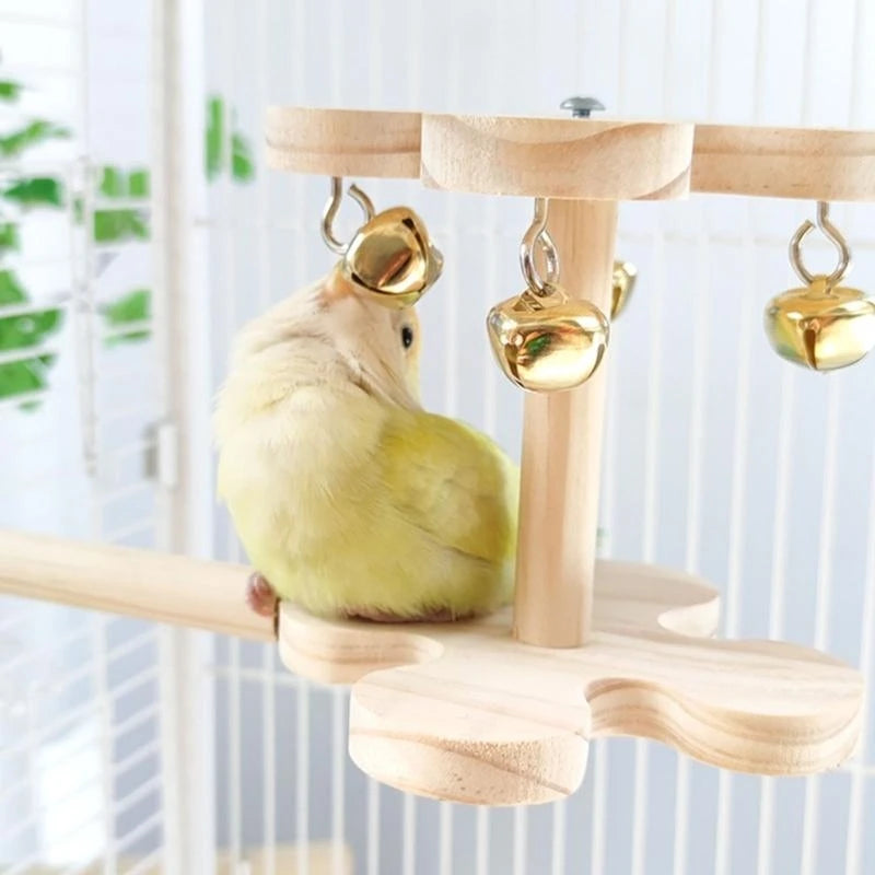 Interactive Bird Perch Toy for Parrots with Sounding Bells 360 Degree Rotation and Wooden Design Birdcage Engagement Toy