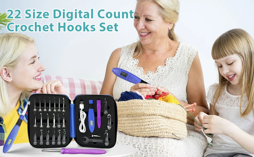 22PCS Lighted Crochet Hook Set with Counter Ergonomic Interchangeable Metal Heads for Comfortable Crocheting