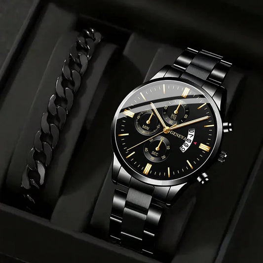 2pcs Fashion Men's Casual Business Sports Stainless Steel Quartz Wristwatch Calendar Classic Bracelet Set Luminous Clock