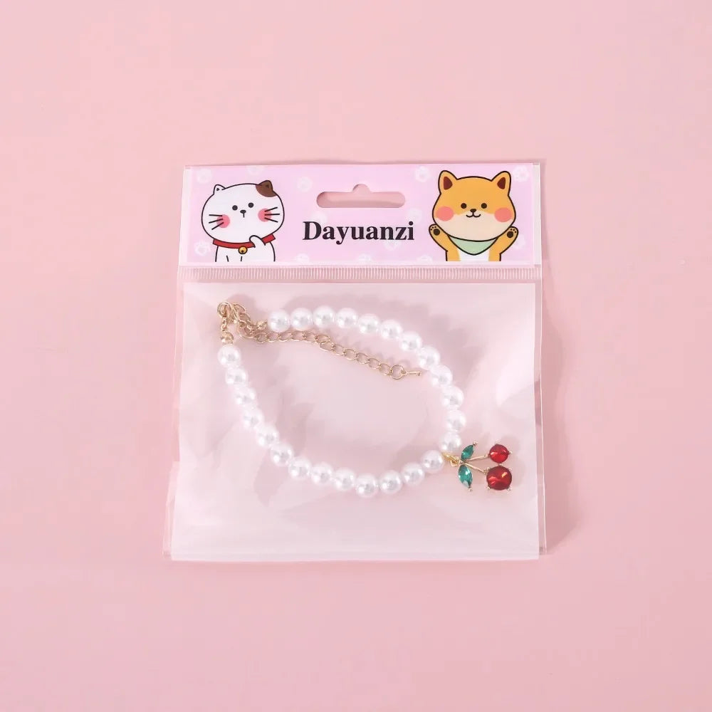 Pet Princess Style Pearl Cherry Love Bow Pendant Necklace Cat Bichon Dog Birthday Ins Wind Collar