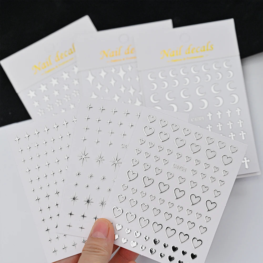 6Pcs/Set Metal Silver Star Heart Moon 3D Nail Art Stickers