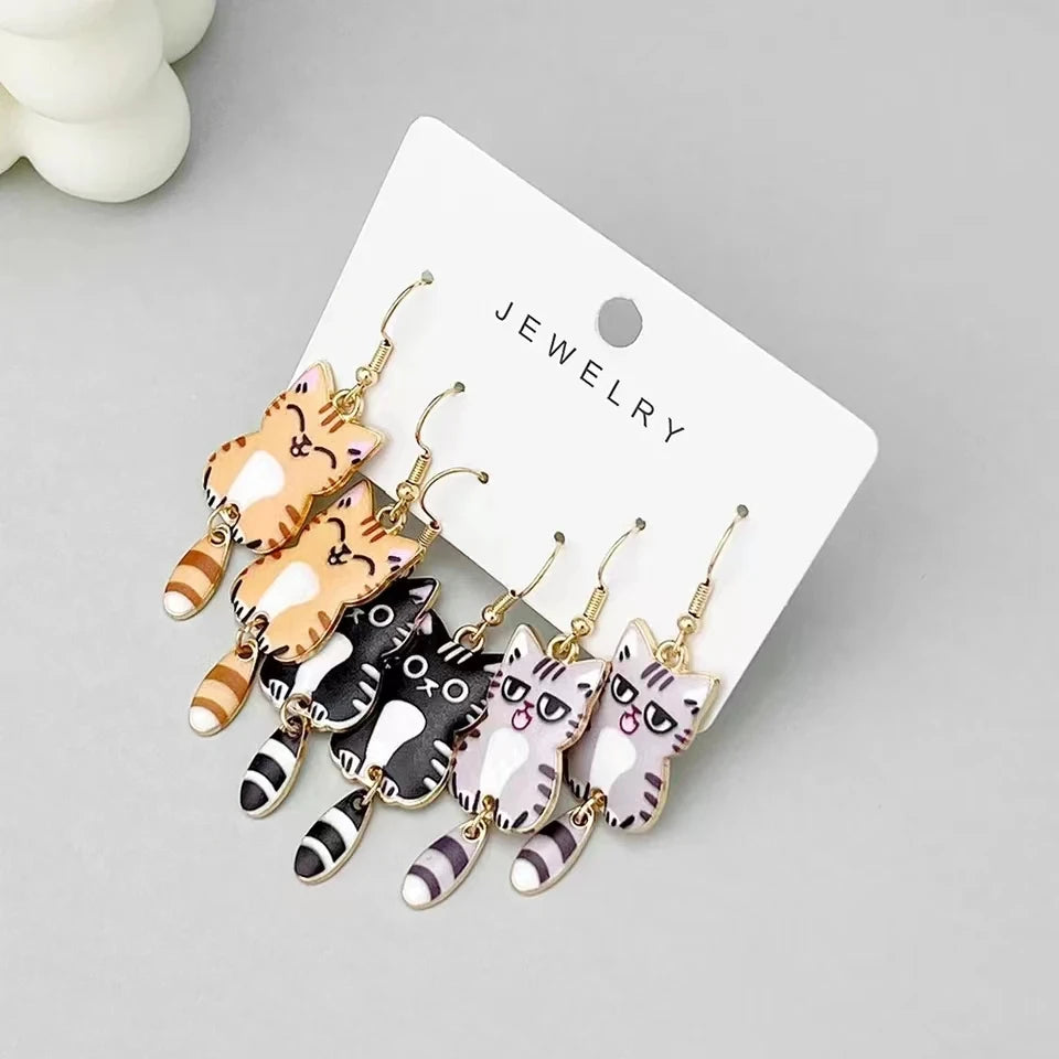 3 Pairs New Fun and Cute Enamel Alloy Hanging Tail Cat Dangle Earrings Colored Cat Ear Jewelry Set Lovely Gift For Women Girls