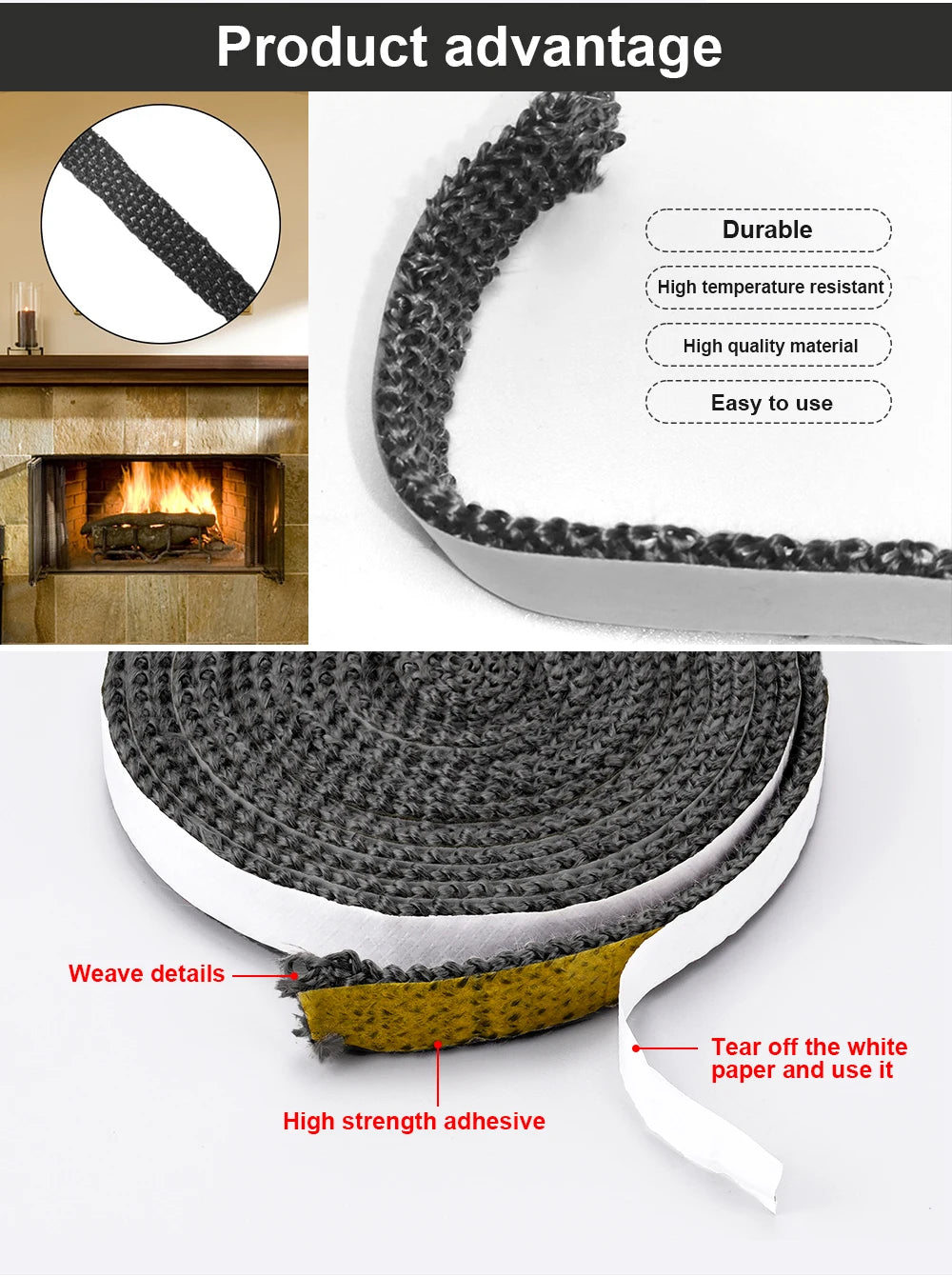 Black Flat Stove Rope Self-Adhesive Fiberglass Fireplace Door Sealing Strip Cord Replacement Gasket Tape 10/15mm Width 2m Length