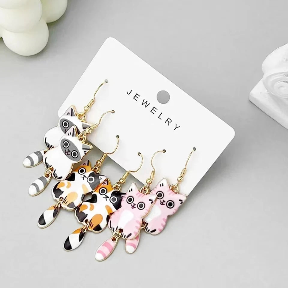 3 Pairs New Fun and Cute Enamel Alloy Hanging Tail Cat Dangle Earrings Colored Cat Ear Jewelry Set Lovely Gift For Women Girls