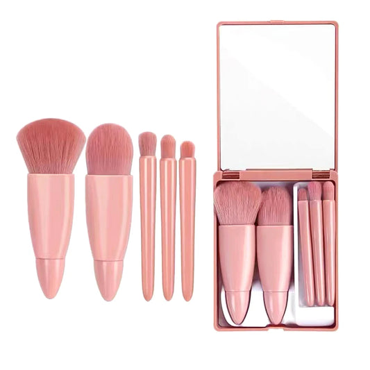 5 In 1 Makeup Brush Set with Mirror Blush Powder Brush Travel Kit Portable Mini Beauty Make Up Tool