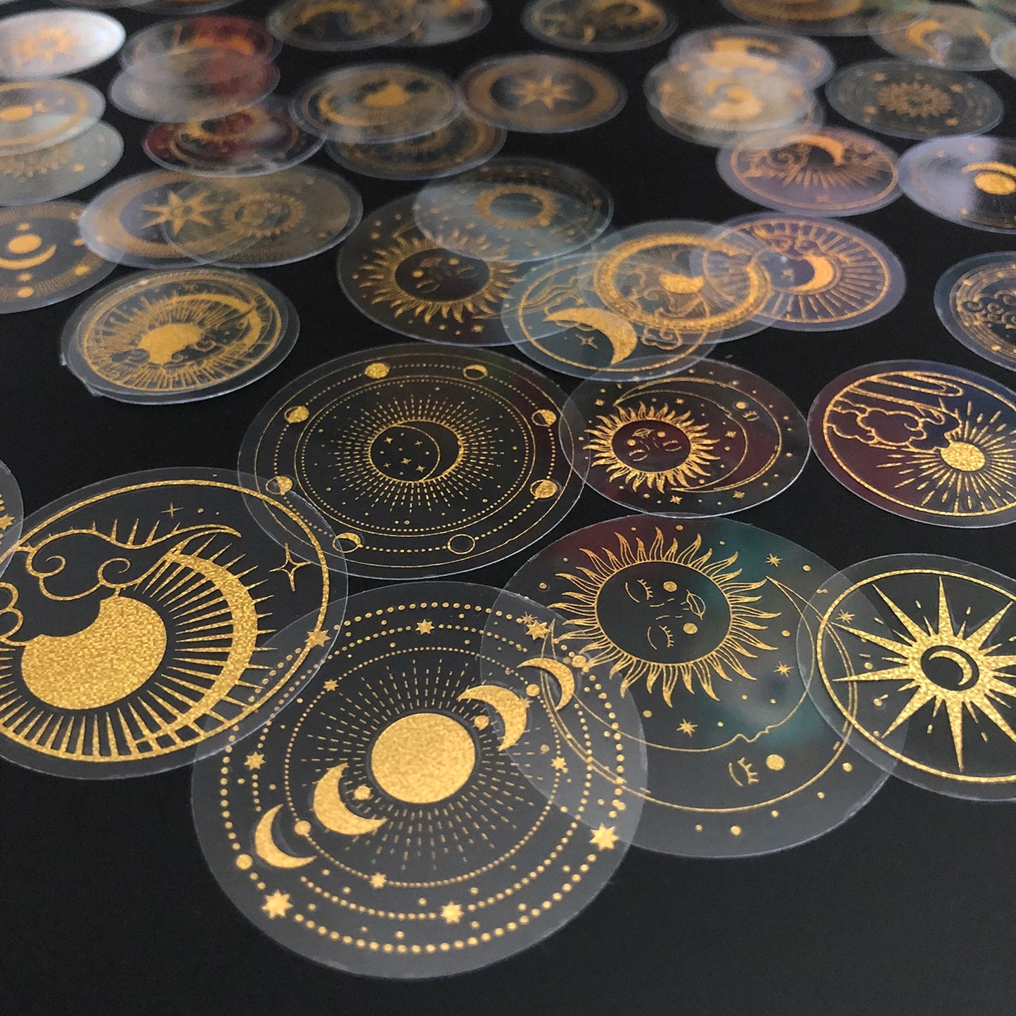70 Pcs Glitter Gold PET Adhesive Stickers Waterproof Transparent Label Sun Moon Stars Design
