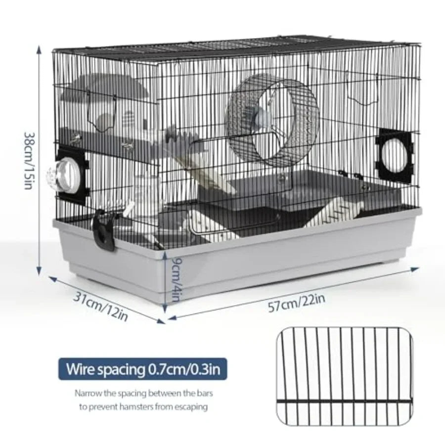 Multilevel hamster cage starter kit with spacious platforms exercise wheel hidehouse water bottle bathtub ladders and food bowl