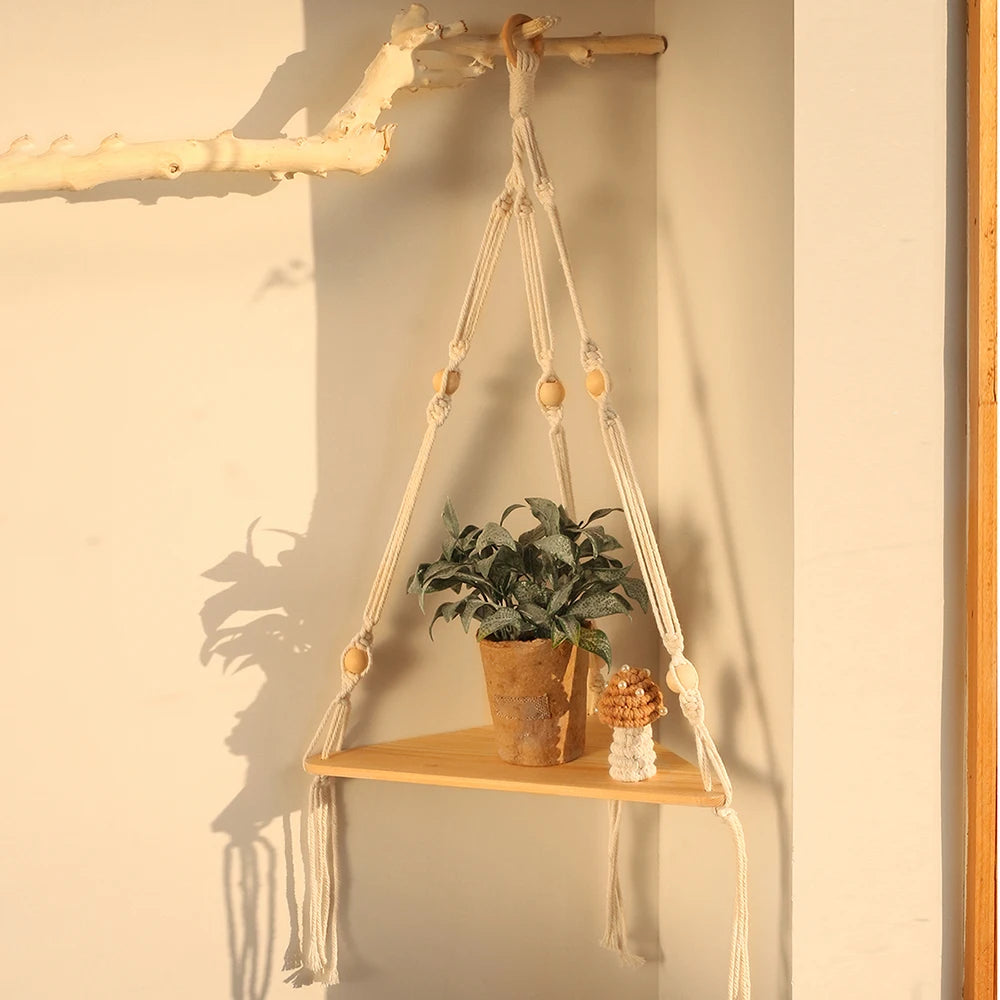 Wooden Wall Shelves Boho Floating Macrame Hangers Rustic Decor