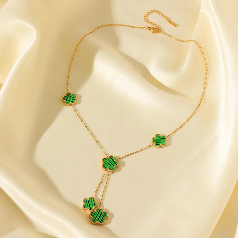 GANEMLY 316L Stainless Steel Green Clover Set Earrings Necklace Bracelet Holiday Gifts Women Double Sided Flower Fashion Jewelry