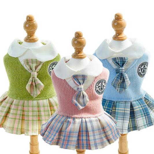 College Style Dog Dress for Small Dogs, Plaid Skirt, Pink,Blue,Green, Spring Dog Clothes, Cat, Chihuahua, XL